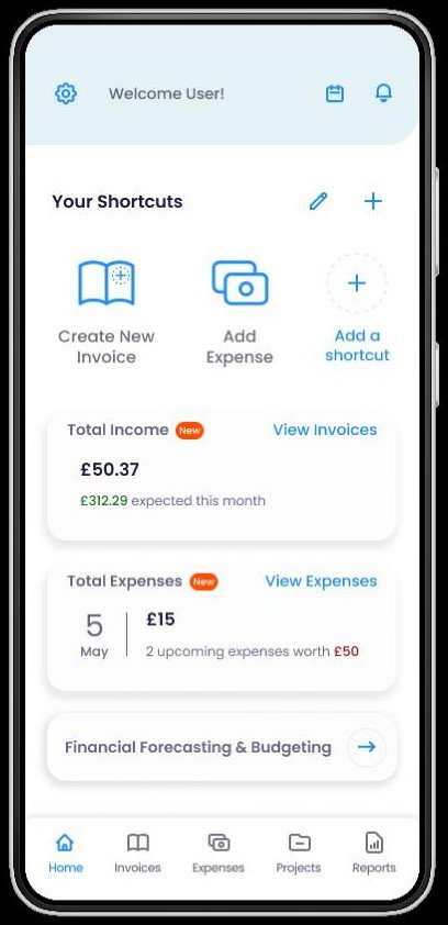 Finovo home screen with shortcuts to create a new invoice and add an expense, a total income card, a total expenses card, a financial forecasting and budgeting link, and a five-tab bar.
