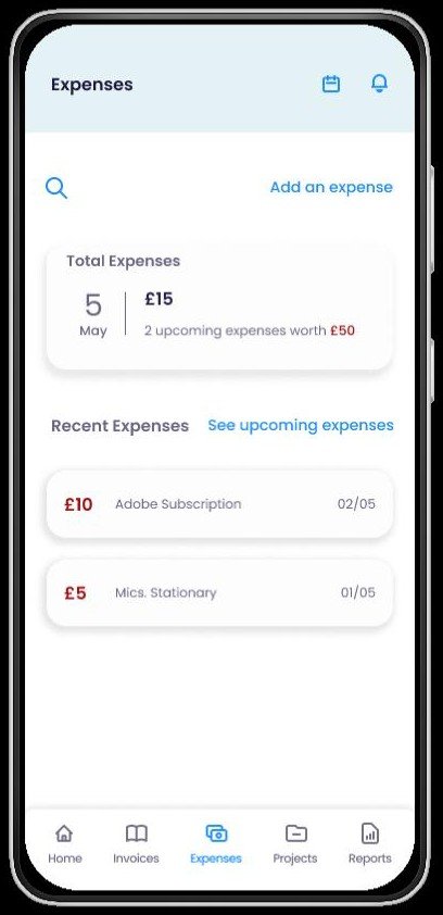 Expenses screen with a total expenses card, upcoming expenses link and a list of recent expenses.