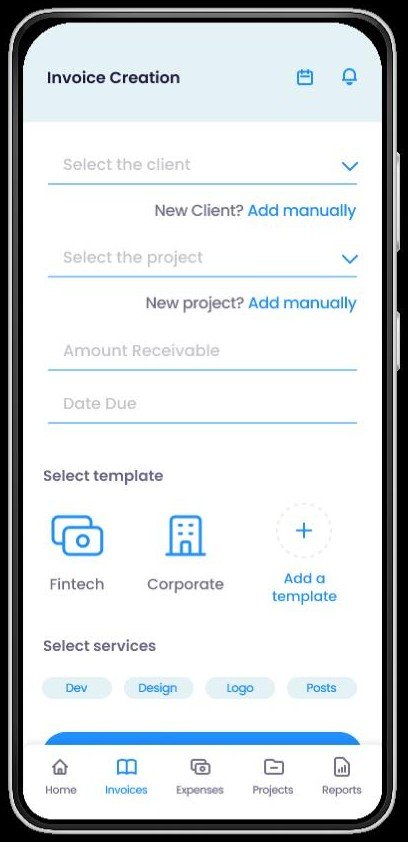Invoice creation screen with client and project dropdowns, add manually links, amount receivable, due date, template choices Fintech and Corporate, and service tags.