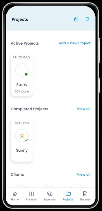 Projects screen with active and completed project cards and a clients section.