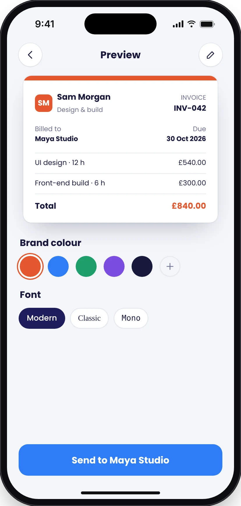 Invoice preview in the freelancer's own brand colour and logo, with brand colour swatches and font options below and a Send button.