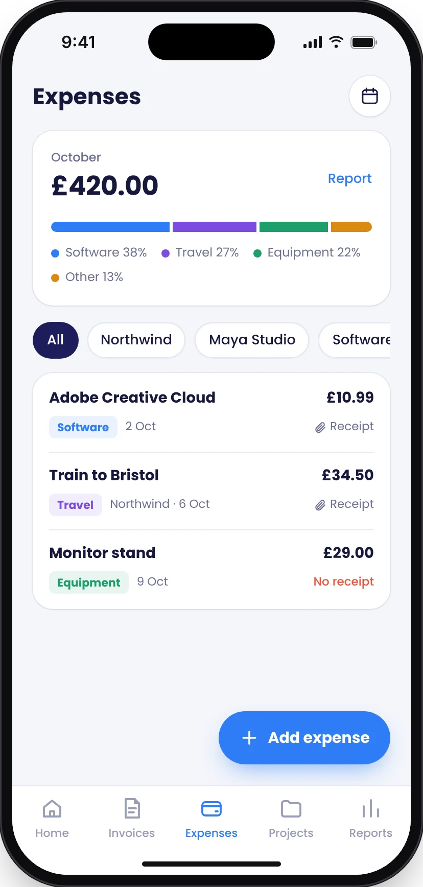 Redesigned expenses screen: monthly total with a category bar, filter chips by project, and expenses tagged by category showing whether a receipt is attached.