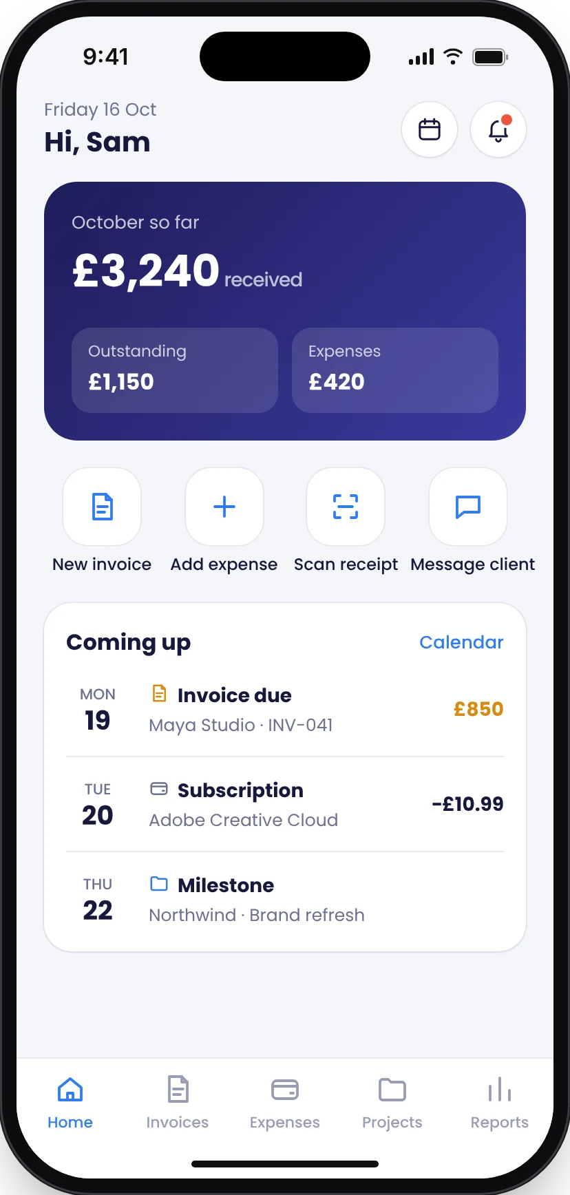 Redesigned home screen: money received this month with outstanding and expenses, four quick actions including scan receipt and message client, and a Coming up list of an invoice due, a subscription and a project milestone.