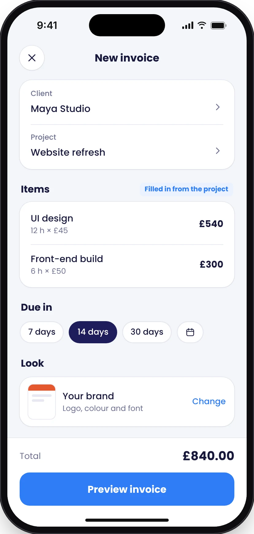 Redesigned new invoice screen: client and project selected, line items filled in from the project, due-in chips for 7, 14 or 30 days, a Your brand template, and the total with a Preview invoice button.