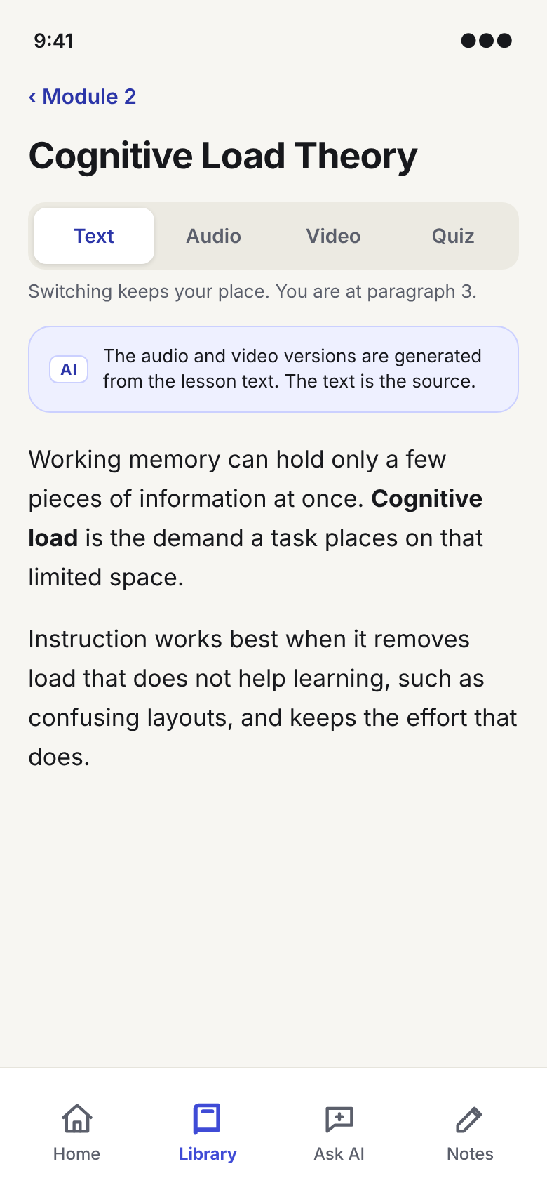 Redesigned lesson screen with a Text, Audio, Video, Quiz switch at the top and a note that the AI versions are generated from the text.