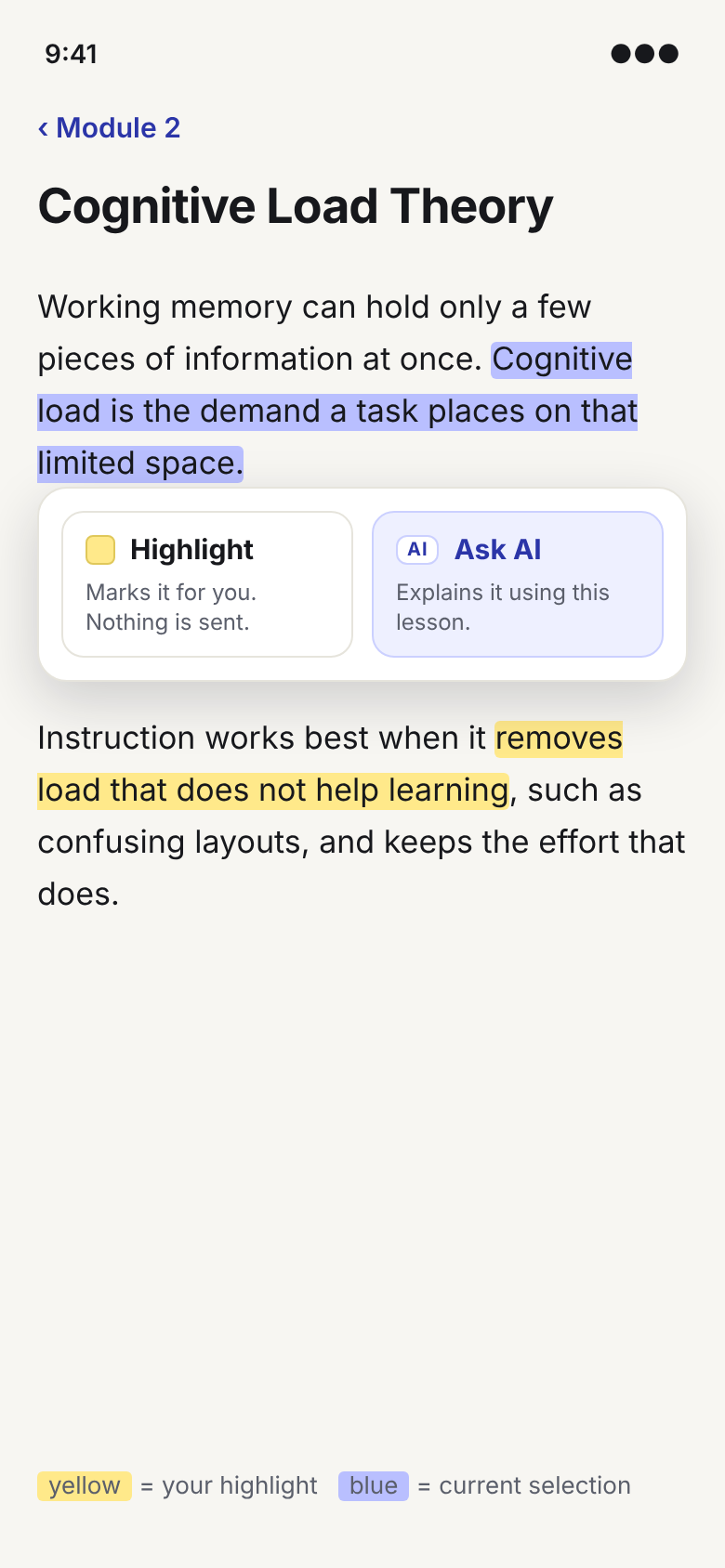 Text selection menu with two clearly different options: Highlight, which only marks the text, and Ask AI, which explains it.