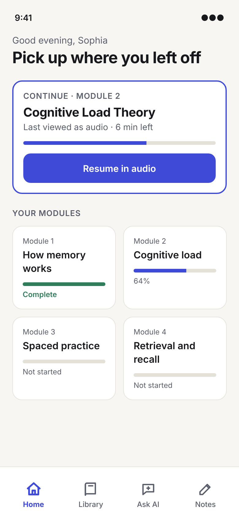 Redesigned home screen: a continue card for Cognitive Load Theory with progress, four module tiles with progress bars, and a four-item bottom navigation.