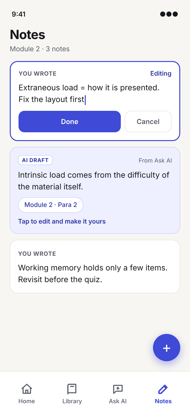 Redesigned notes screen showing a note being edited in place, an AI draft note and a note the learner wrote.