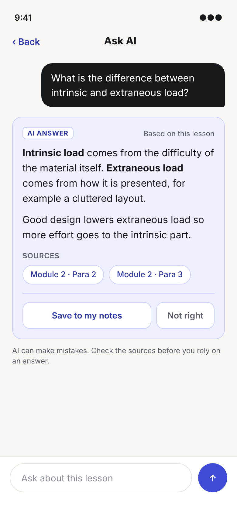 Redesigned AI tutor answer on a tinted surface with an AI tag, source chips pointing to lesson paragraphs, and save to notes and not right buttons.