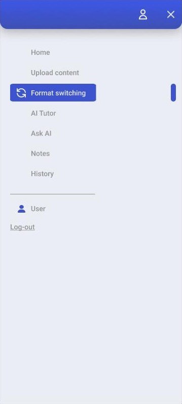 Hamburger menu listing home, upload content, format switching, AI tutor, Ask AI, notes and history.