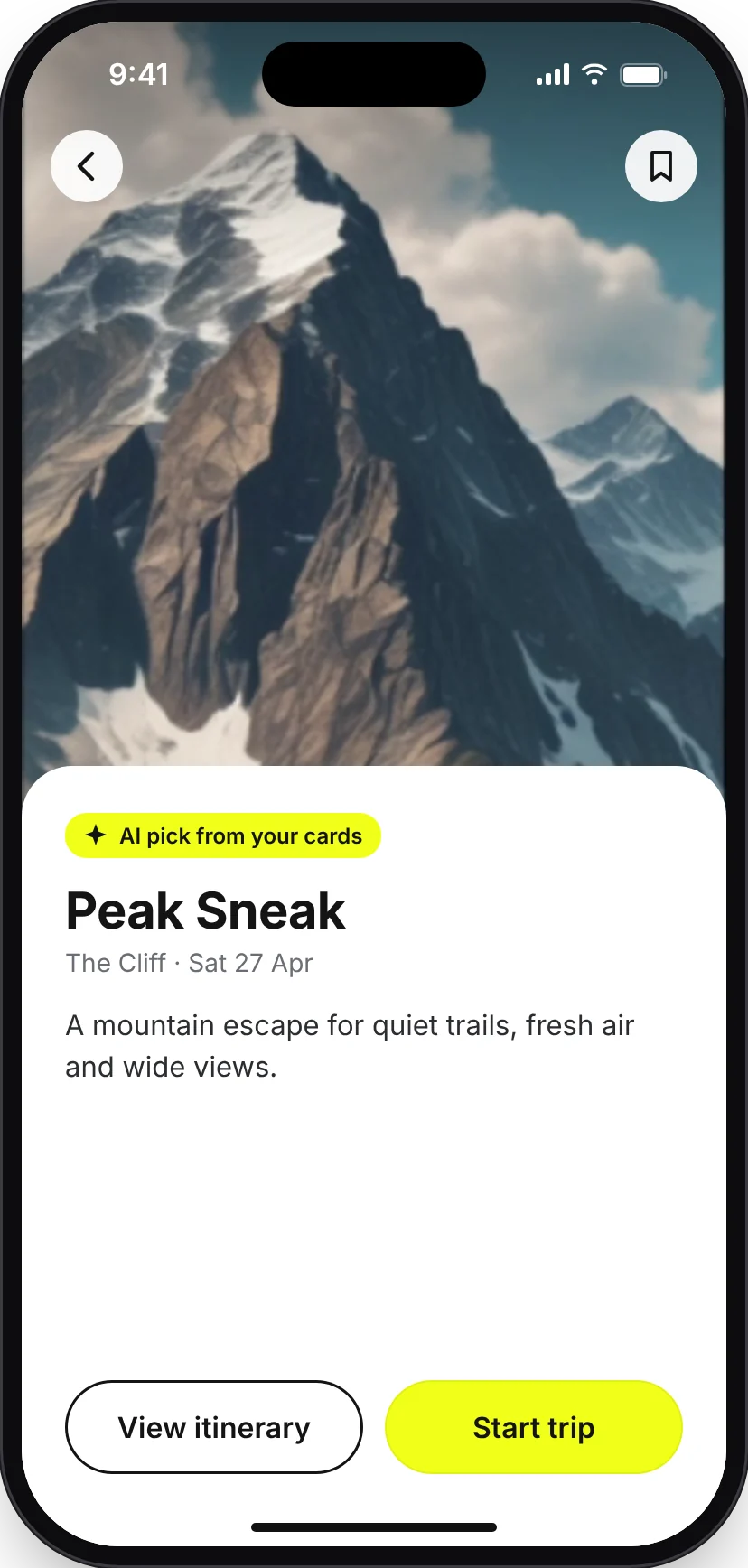 Peak Sneak destination screen with a large mountain photo, an AI pick label, a one-line description, and View itinerary and Start trip buttons.