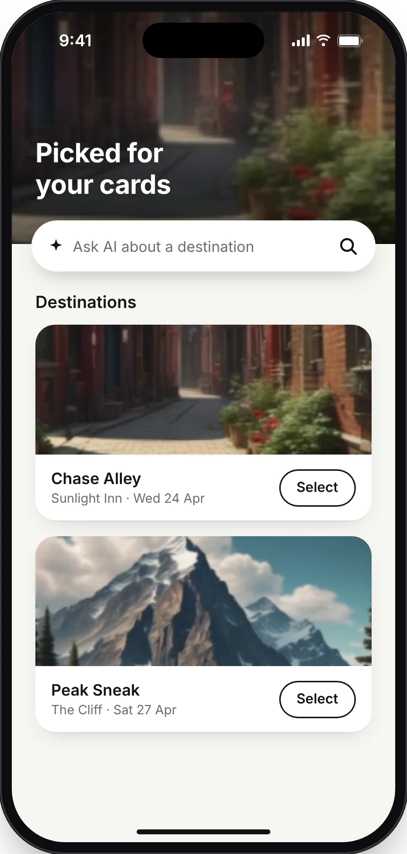 Destinations picked for your cards: an Ask AI search field, then Chase Alley and Peak Sneak, each with a date and a Select button.