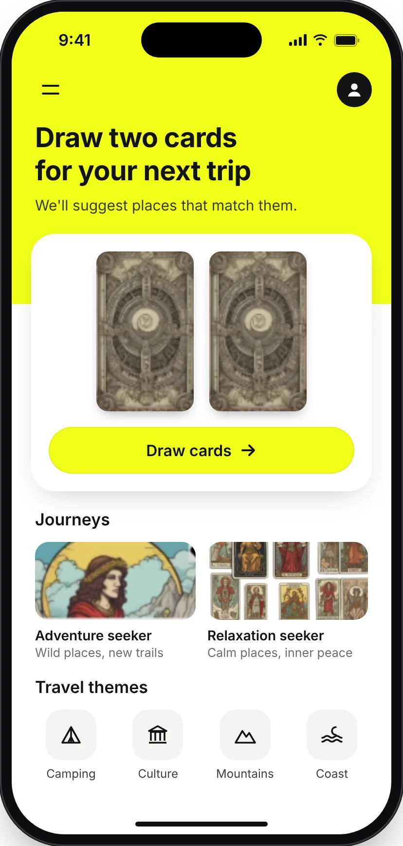 Home screen with a yellow header reading Draw two cards for your next trip, two face-down tarot cards and a Draw cards button, then journey types and travel themes.