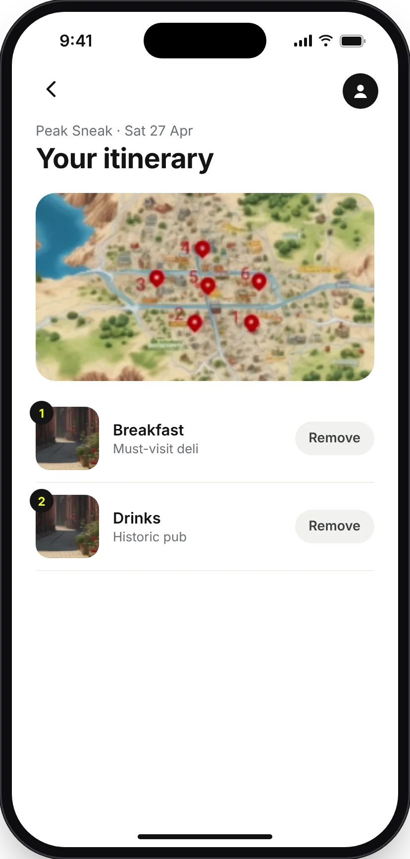 Itinerary for Peak Sneak with a map and two numbered stops, breakfast at a deli and drinks at a historic pub, each with a Remove button.
